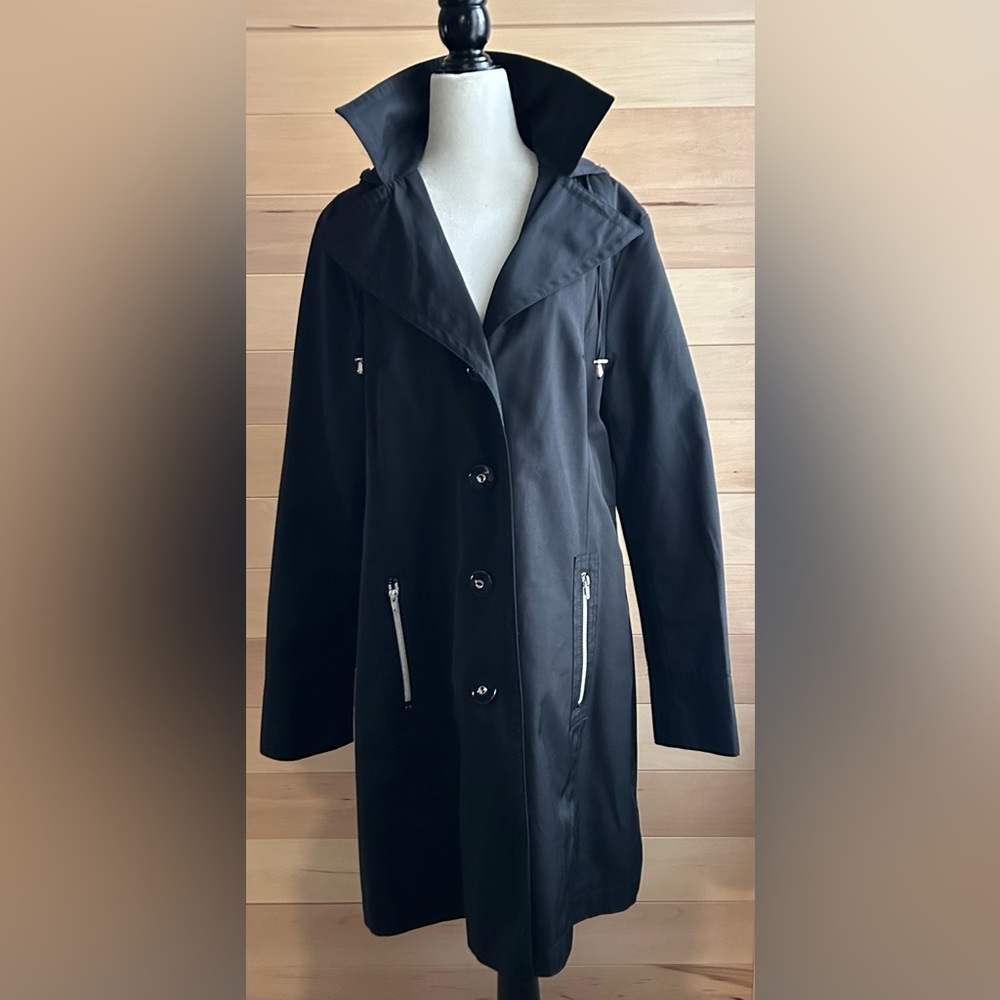 Black Rivet black trench coat Size XL asymmetrical chrome zipper pocket closures
